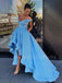 A-Line Blue Satin V Neck Long High Low Evening Prom Dresses, Cheap Custom prom dresses, MR7511