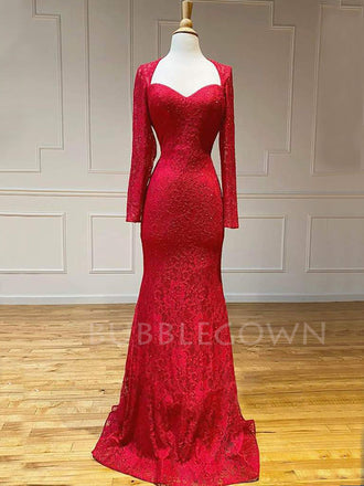 Red Lace Mermaid Long Sleeves Backless Beaded Long Strapless Evening Prom Dresses, MR7516