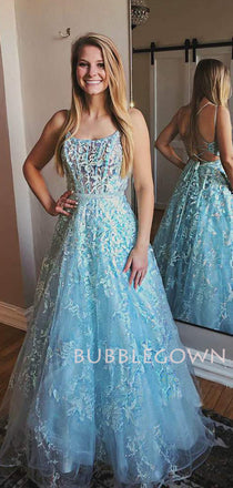 Exquisite See Throuth Blue Lace A-line Spaghetti Straps Long Evening Prom Dresses, Cheap Custom Prom Dresses, MR7555