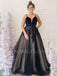 Deep V Neck A-line Spaghetti Straps Black Tulle Long Evening Prom Dresses, Cheap Custom Prom Dresses, MR7557