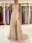 One Shoulder Chiffon Appliques Lace Long Evening Prom Dresses, Cheap Custom Prom Dresses, MR7605