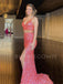 Two Pieces Watermelon Sequin Spaghetti Straps Long Mermaid Evening Prom Dresses, Cheap Custom Prom Dresses, MR7651