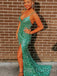 Green Sequin Mermaid Spaghetti Straps Long Evening Prom Dresses, Cheap Custom Prom Dresses, MR7795
