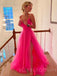 Hot Pink Tulle A-line V-neck Pleat Spaghetti Straps Long Evening Prom Dresses, Cheap Custom Prom Dress, MR7802