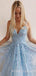 Sky Blue Tulle Appliques Lace A-line Long Evening Prom Dresses, Cheap Custom Prom Dresses, MR7888