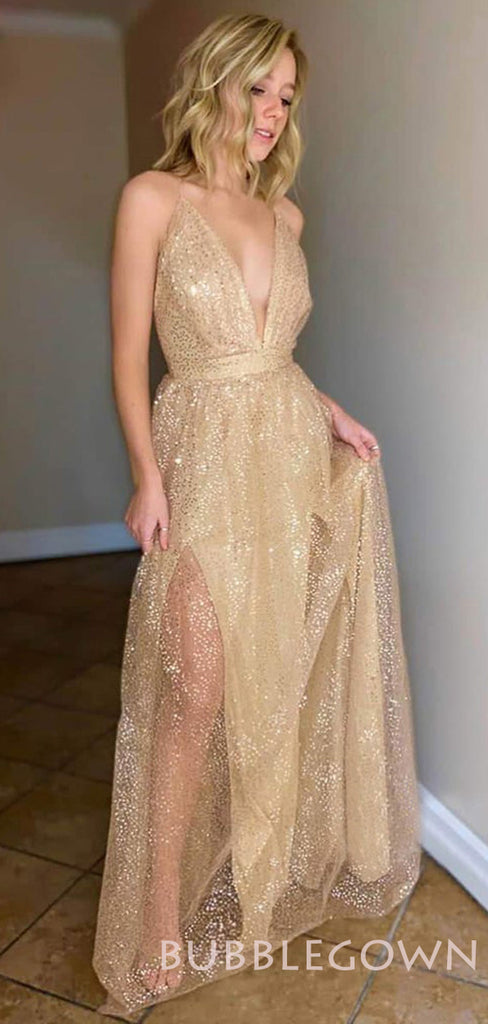 Sexy Deep V-neck Gold Sequin Spaghetti Straps A-line Long Evening Prom Dresses, Cheap Custom Prom Dresses, MR7924