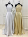 A-line Gold/silver Satin Beaded Halter Long Evening Prom Dresses, Cheap Custom prom dresses, MR7935