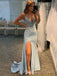 Dusty Blue Satin V-neck Sparkly Long Mermaid Evening Prom Dresses, Cheap Custom Prom Dresses, MR7942