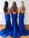 Royal Blue Satin Spaghetti Straps V Neck Mermaid Long Evening Prom Dresses, Cheap Custom Prom Dresses, MR7995