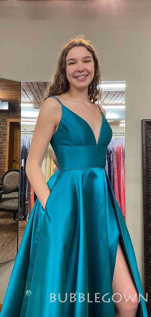 A-line Blue Satin Spaghetti Straps Simple Long Evening Prom Dresses, Cheap Custom prom dresses, MR8001