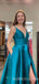A-line Blue Satin Spaghetti Straps Simple Long Evening Prom Dresses, Cheap Custom prom dresses, MR8001