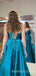 A-line Blue Satin Spaghetti Straps Simple Long Evening Prom Dresses, Cheap Custom prom dresses, MR8001