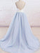 Spaghetti Straps Sweep Train Backless Light Blue Tulle Long Evening Prom Dresses, Cheap Custom Prom Dress, MR8052