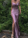 Sheath Purple Satin Spaghetti Straps Long Cowl Neck Evening Prom Dresses, MR8091
