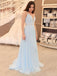 A-line Sky Blue Chiffon Beaded Long Evening Prom Dresses, MR8107
