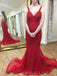 Red Satin Spaghetti Straps Appliques Long Mermaid Evening Prom Dresses, MR8114