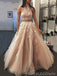 Two Pieces Champagne Tulle Appliques Beaded Long Evening Prom Dresses, Halter Custom Prom Dress, MR8189