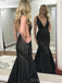 Black Sequin Mermaid Long Evening Prom Dresses, Deep V Neck Sparkly Custom Prom Dress, MR8219