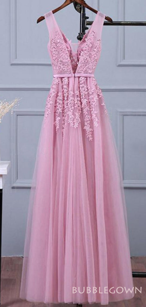 A-line Pink Tulle Appliques Long Evening Prom Dresses, V Neck Custom Prom Dress, MR8270