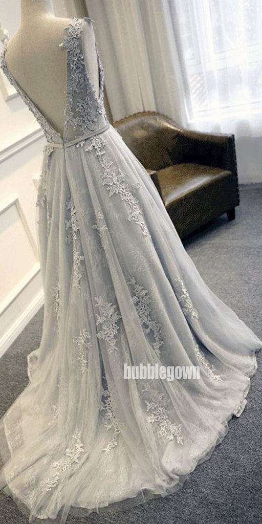 Elegant V-neck Applique Tulle Long Prom Dresses FP1178