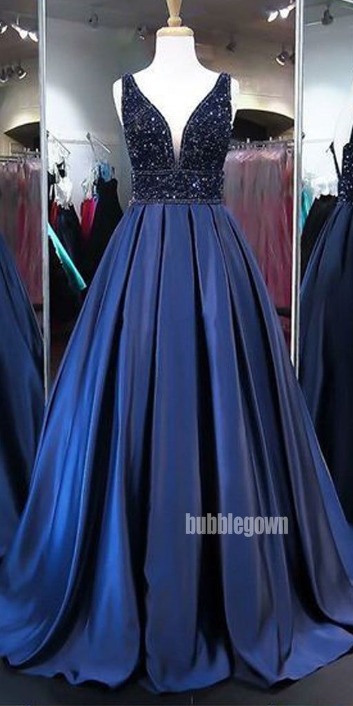 Elegant Dark Blue V-neck Beads Party Prom Dresses FP1182
