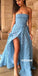 Sexy Blue Strapless Split Side Long Prom Dresses FP1190