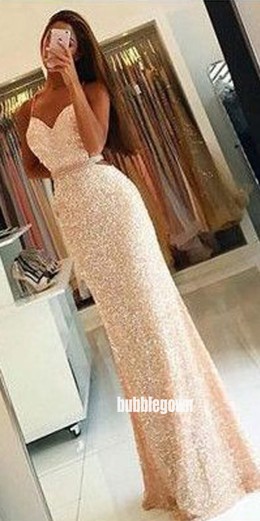 Charming Spaghetti Straps Sequins Mermaid Long Prom Dresses FP1216