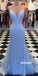 Elegant Blue Spaghetti Straps Tulle Long Prom Dresses FP1218