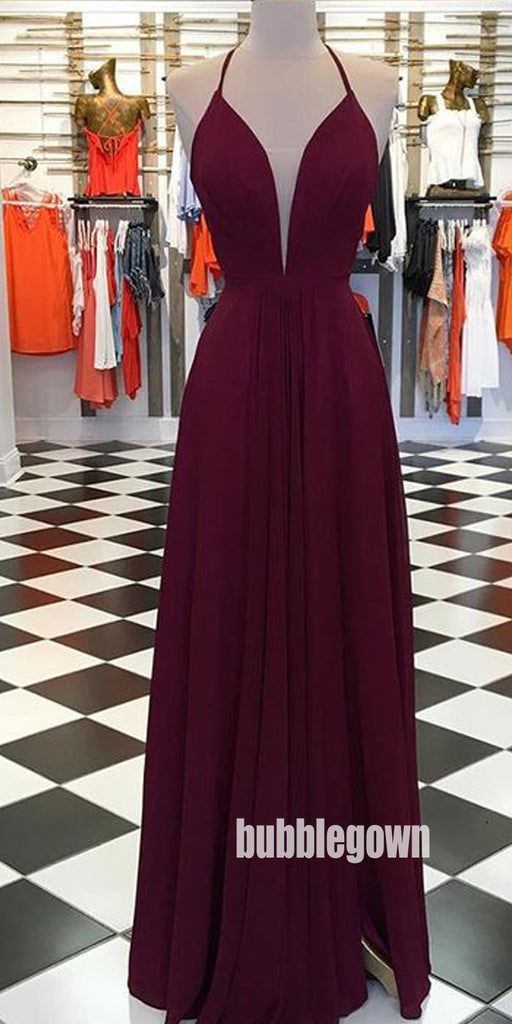 Elegant Burgundy Halter Side Split Prom Dresses FP1222
