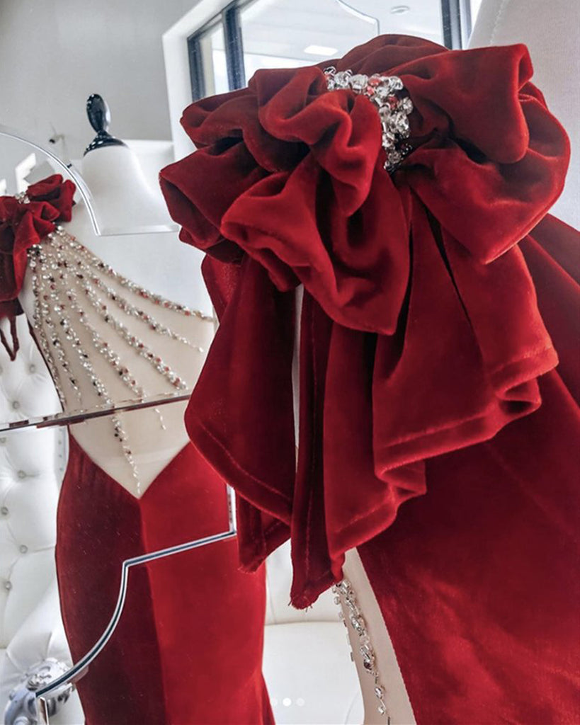Sexy Red Velvet One-shoulder Mermaid Long Prom Dresses FP1232