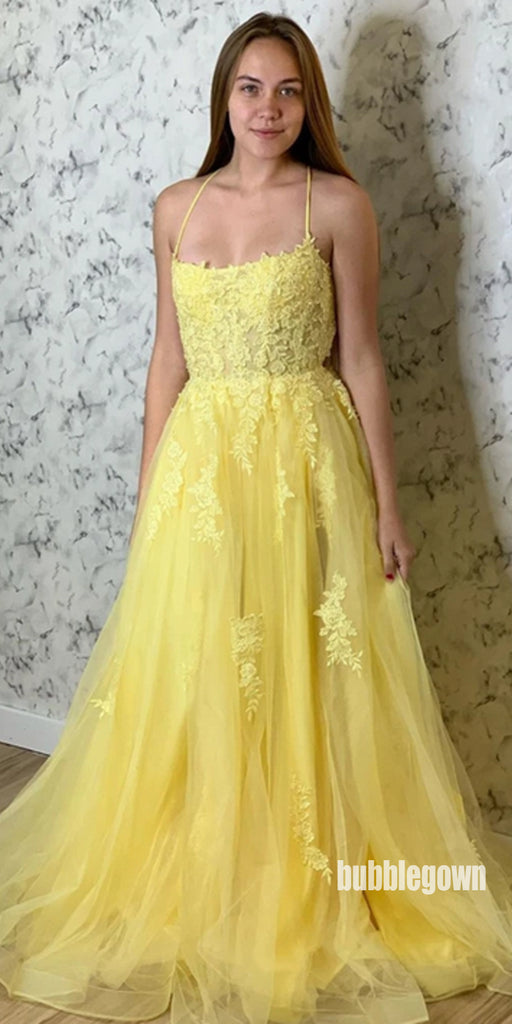 Applique Yellow A-line Tulle Long Prom Dresses FP1234