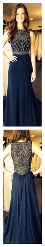 Navy Long Beaded Sleeveless Popular Long Prom Dresses, BG51153