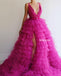 V-neck Side Split Tulle A-line Long Prom Dresses FP1122