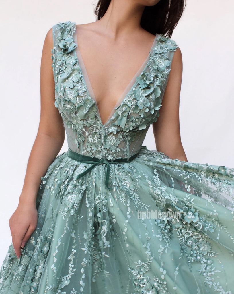 V-neck Applique Unique Tulle Long Prom Dresses FP1138