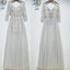 Elegant Long Sleeves Tulle Applique Light Grey Cheap Long Prom Dresses, BGP023