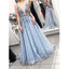 Blue Sexy Deep V Neck Tulle Applique Long Prom Dresses, BGP226