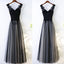 Black V Neck Formal Tulle Applique Lace Up Back Long Prom Dresses, BGP020