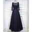 Navy Blue Long Sleeves Lace Up Back Formal Cheap Long Prom Dresses, BGP007