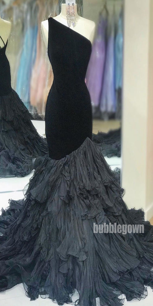 One Shoulder Mermaid Tulle Velvet Long Prom Dresses GDW111