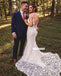 Pretty Spaghetti Straps White Lace Applique Mermaid Wedding Dresses, BGH098